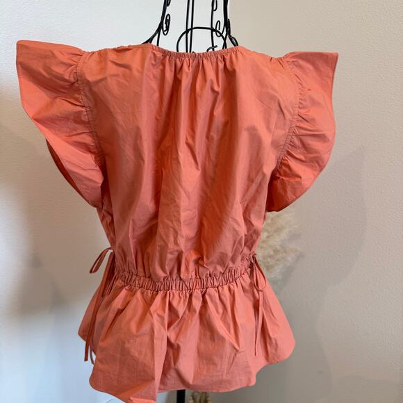 Ellison Cotton Flutter Sleeve V-Neck Side Tie Structured Peplum Blouse Small - Picture 3 of 7